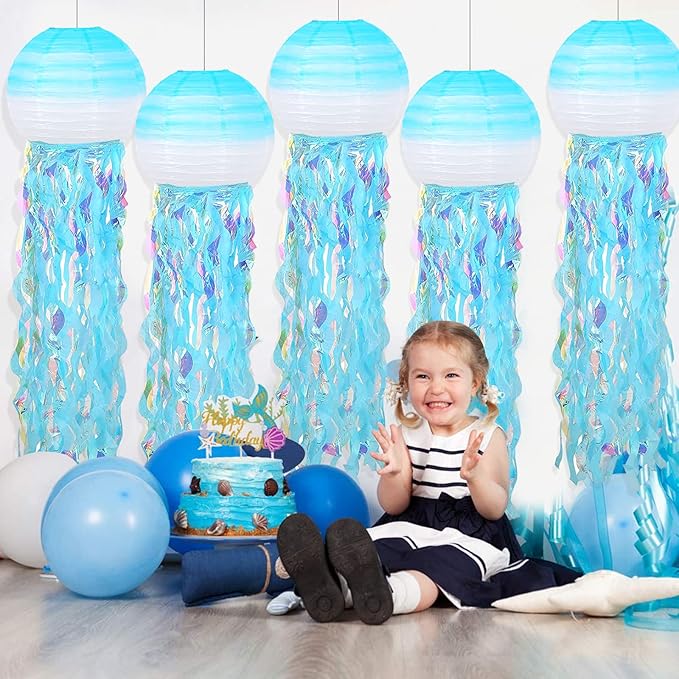 ADLKGG Hanging Jelly Fish Paper Lanterns, Gradient Colorful Blue Paper Lanterns for Mermaid Theme Party Under The Sea Ocean Birthday Decorations Baby Shower Baby Room, Set of 5