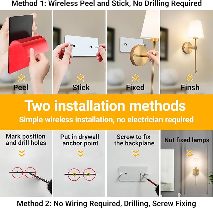 Vimhou Peel and Stick Wall Sconces, Stick On Wall Sconce Set of 2, Battery Operated Wireless Wall Light, No Drill Adhesive Wall Lamp, Corn Bulb with 10000mAh Rechargeable Battery, Bedroom Wall Decor