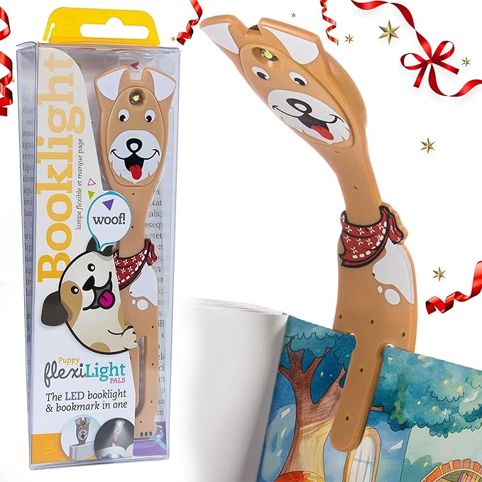 Gifts for Readers & Writers Book Light for Kids, Clip On Reading Light for Bed, 2in1 Flexilight Pals & Bookmark, Small & Lightweight with a Soft Glow, 2 Batteries Included, Dog