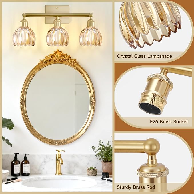 Bathroom Vanity Light 3 Light, 20 in Brushed Brass Bathroom Light Fixtures, Vintage Wall Sconces,Bath Vanity Lights Over Mirror with Amber Tulip Glass Shade for Bedroom Living Room,E26 Base