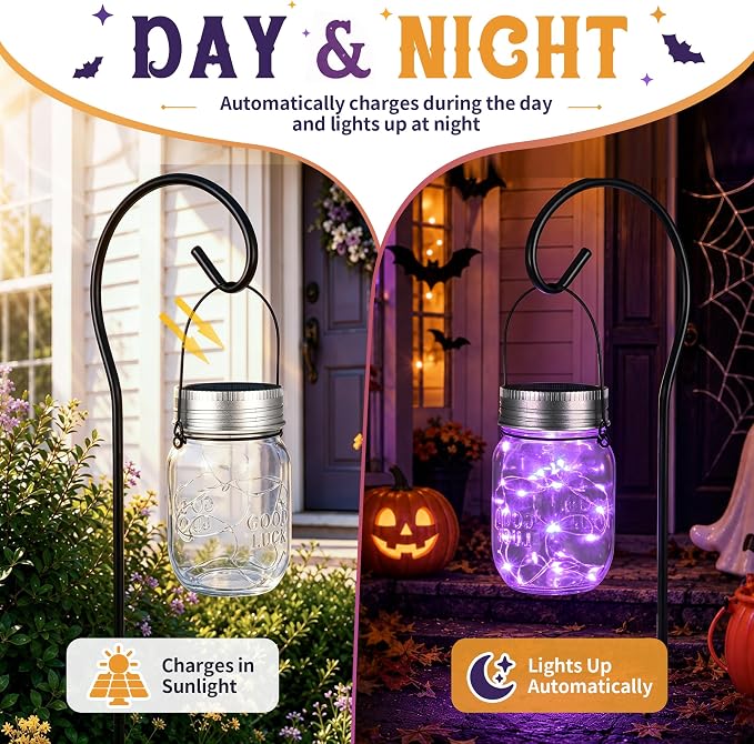 GIGALUMI Hanging Mason Jar Solar Lights 6 Pack for Halloween Decorations | Hanging Solar Lanterns Waterproof, 30 Led Hangers and Jars Included, Outdoor Decor for Porch, Pathway, Yard, Halloween Party