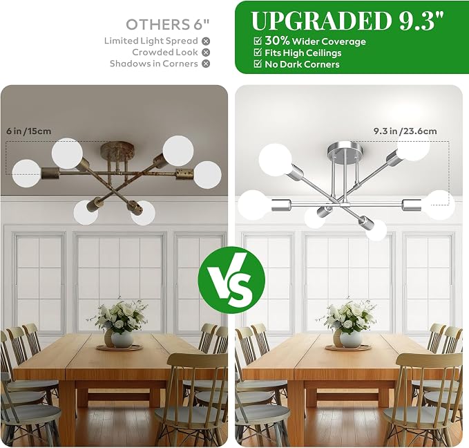 Modern Sputnik Chandelier Ceiling Light Fixtures, 6-Lights 22” Mid Century Industrial Metal Semi Flush Mount for Dining Room, Bedroom, Living Room-Glossy Silver