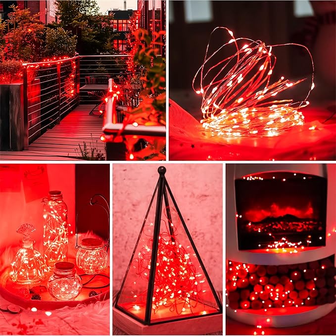 Red Fairy Lights Battery Operated (Included), 8 Modes & Auto Timer, 16FT 50Led Mini Twinkle Silver Wire Firefly Starry Lights, Waterproof Battery Operated Lights for Mason Jars Party Bedroom