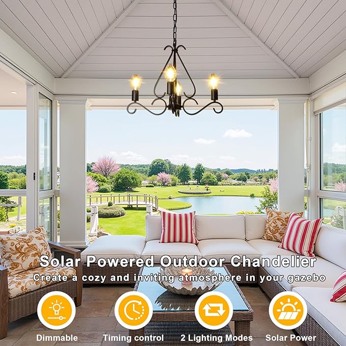 Solar Chandelier Outdoor, 4-Lights 23" Rustic Farmhouse Industrial Iron Chandeliers Waterproof Dimmable Hanging Pendant Lights for Gazebo, Pergola, Canopy, Tent Decor