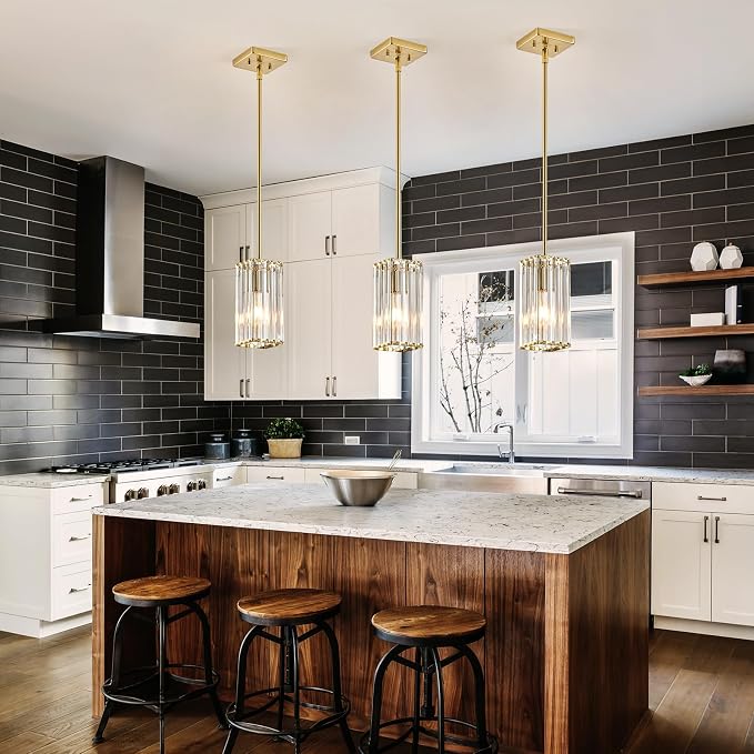 Modern Crystal Pendant Lights Kitchen Island, 2-Pack Brushed Gold Hanging Light with Clear Crystal Shade, Adjustable Height Pendant Lighting for Kitchen Island Dining Room Bedroom Bar Entryway