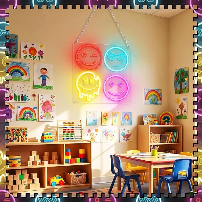 Smile Face Neon Classroom Sign Multicolor Smile Face LED Neon Light for Wall Decor Gifts LED Sign for Classroom Bedroom Party Bar Wedding Art Decoration Gifts