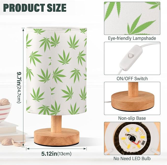 Table Lamp Green Marijuana Leaf Cannabis Weed Leaves on White Nightstand Lamp with Wood Base Fabric Lamp Shade Bedside Desk Lamp for Living Room Bedroom Kids Room Office