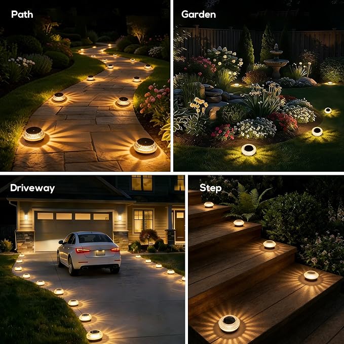 Solar Deck Lights Outdoor - IP67 Waterproof Solar Driveway Dock Lights, 12PK Solar Pthway Lights, Outdoor Warning Step Lights for Driveway Sidewalk Garden Pathway Yard Stair Backyard Decor(Warm White)