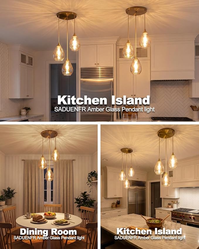 3-Light Pendant Lighting Dining Room Lights Fixture Over Table | Amber Hammered Glass, Brushed Gold, Farmhouse, Hardwired, E26, Cluster Hanging Lights for Kitchen Island, Dining Room