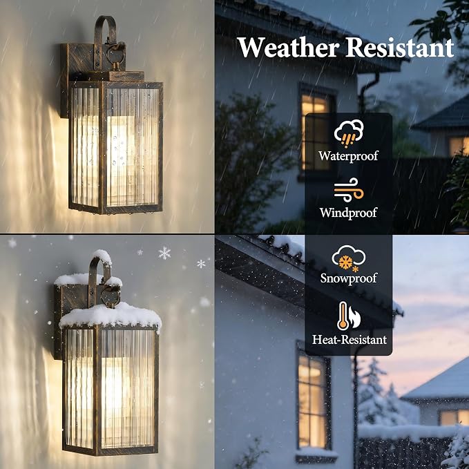 2-Pack 11.8-Inch Black Brush Gold Dusk to Dawn Porch Light | Auto On at Dusk, Off at Dawn, Checkered Glass, Rust-Proof All-Metal Frame, DIY Install on Porch, Garage