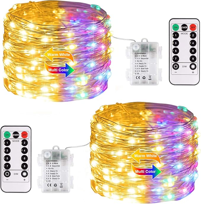 JMEXSUSS 2 Pack Fairy Lights Battery Operated, Warm White & Multicolor | Total 200LED 66ft, with Remote & Timer, Color Changing Christmas Lights, 8 Modes Twinkle String Lights for Bedroom Tree Decor