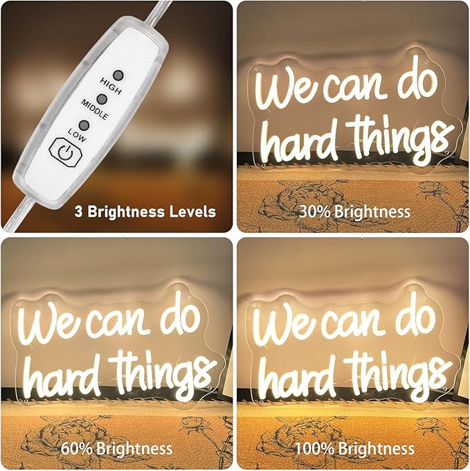 We Can Do Hard Things Neon Sign Warm White Dimmable LED Neon Signs for Kids Bedroom Inspirational Letter Neon Light for Office Classroom Lights up Signs For Wall Decor