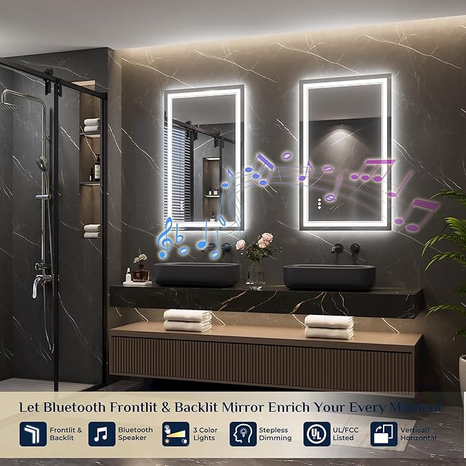 Keonjinn 40 x 24 Inch Lighted Mirrors for Bathroom Wall with Bluetooth Speaker, Frontlit & Backlit LED Bathroom Mirror, Smart Mirror Bathrooms, Tempered Glass, 3 Color Temperature, Dimmable, Anti-Fog