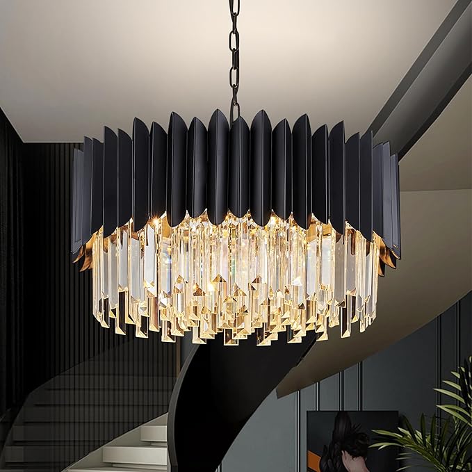 20" Black Crystal Chandelier 4-Tier Round 6 Lights Ceiling Light Fixture K9 Pendant Hanging for Entryway Foyer Dining Room Bedroom Living Room