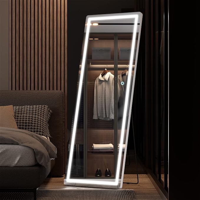 Hasipu Full Length Mirror with Lights, 65" x 22" LED Floor, Full Body Dressing Standing, Hanging Mounted Mirror, Round White