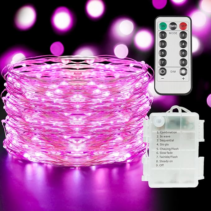 Pink Valentine Day Fairy Lights Battery Operated, 66ft 200 LED String Lights with Remote & Timer, Waterproof Twinkle Lights for Bedroom, Romantic Wedding, Party, Indoor & Outdoor Decor