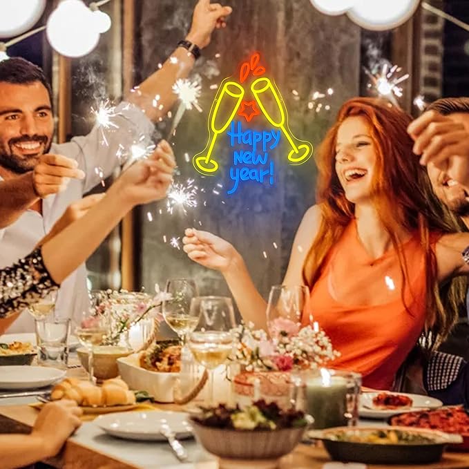 Happy New Year Neon Sign for Wall Decor Dimmable Champagne Cheers Neon Light Sign for New Year’s Eve Party Christmas Holiday Celebrate Bar Home