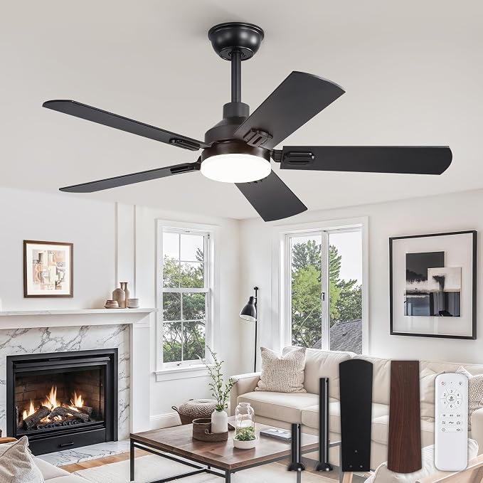 ZMISHIBO 44" Ceiling Fans with Lights and Remote, Black Modern for Indoor | Small Size, 3CCT, Downrod Mount, Farmhouse Dual Finish Blades, Quiet&Strong Motor, Memory Function for Bedroom, Living Room