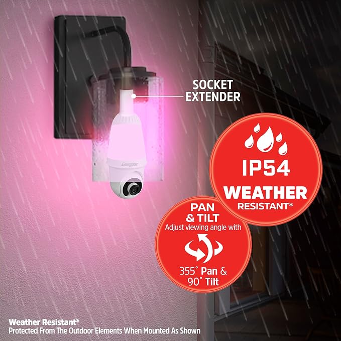 Energizer Smart 2K Light Bulb Security Camera, 1000 Lumens LED Light, 5G&2.4G Wi-Fi Outdoor Socket Camera, Pan Tilt Auto Tracking, (White, AI Smart Detection Built-in)