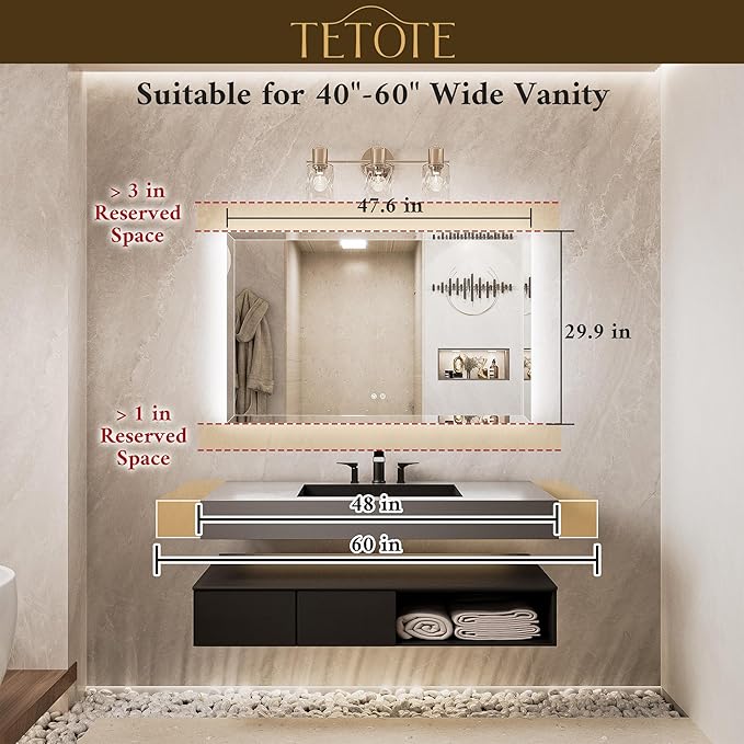 TETOTE 48 x 30 Backlit Mirror Bathroom, LED Vanity Mirror with Beveled Edge, Tempered Glass, 3 Colors Lights, Anti-Fog, Adjustable Brightness, Smart Bathroom Mirror, Frameless LED Vanity Wall Mirror