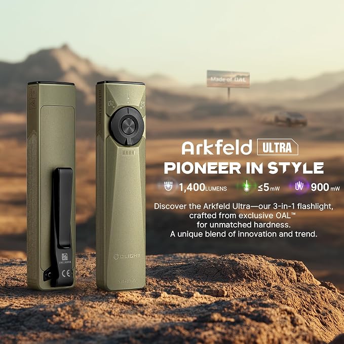 OLIGHT Arkfeld Ultra EDC Flat Flashlight Rechargeable, OAL, Olive-Green CW | Green Beam,UV Light, White LED, 1400 Lumens, Compact Magnetic Pocket Flashlight for Emergency Inspection Working