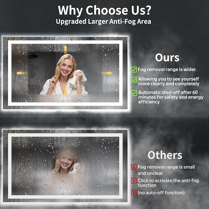 60"x30" LED Bathroom Mirror with Lights, Backlit+Frontlit, Anti-Fog | CRI 95, Stepless Dimmable, 3 Colors Lighting, Shatterproof Tempered Glass, HD Reflection, Memory, (Horizontal/Vertical)