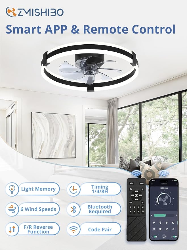 ZMISHIBO 20" Low Profile Fandelier LED Ceiling Fans with Lights and Remote | 3CCT Dimmable, 6 Speeds, Remote/App Control, Reversible DC Motor, Memory, Timer, Small Modern Fandelier for Kids/Bedroom