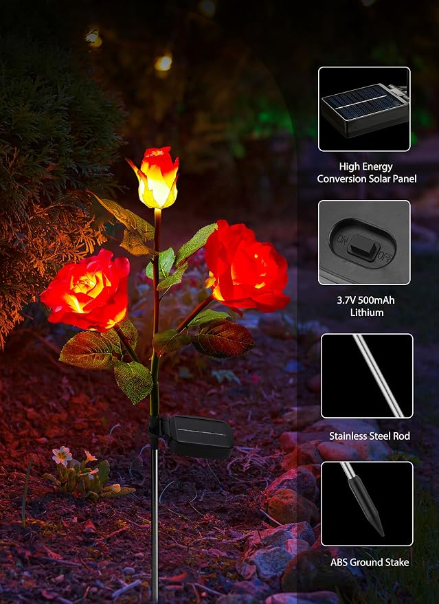 Brightown Solar Garden Lights, 4 Pack LED Rose Flower Lights Waterproof | Larger & Realistic Rose, Bigger Solar Panel, Waterproof Solar Lights Outdoor for Yard Garden Lawn Pathway Decorations