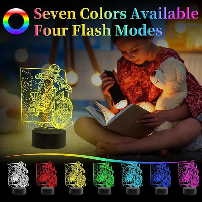 Dirt Bike Gift 3D Night Light, Illusion Night Lamp for Boys - Dirt Bike Themed Bedroom Lamps, Optical Illusion Lamp with Remote Control, Kids' Room Décor, Cool Gifts for Motorcycle Lovers