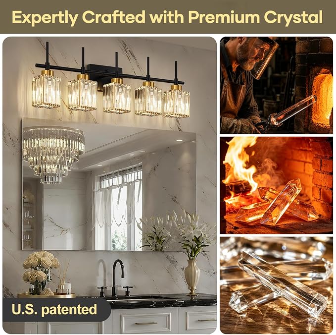 Torondo Modern Crystal Bathroom Vanity Light 5-Lights Gold Bathroom Light Fixtures Over Mirror Black and Gold Vanity Lighting Fixtures Gold Square Shade Brass Wall Sconce (Bulbs Not Include)