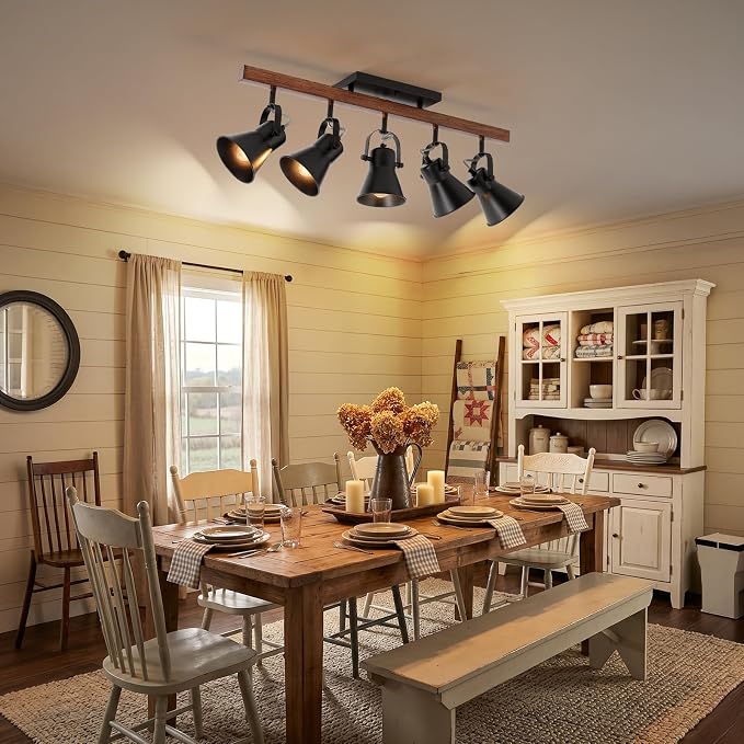 5-Light Track Lighting Fixture Ceiling, Industrial Black Semi Flush Mount Ceiling Light with Rotatable Spotlights, Farmhouse Wood Grain Metal Kitchen Lighting for Living Room Dining Room Hallway