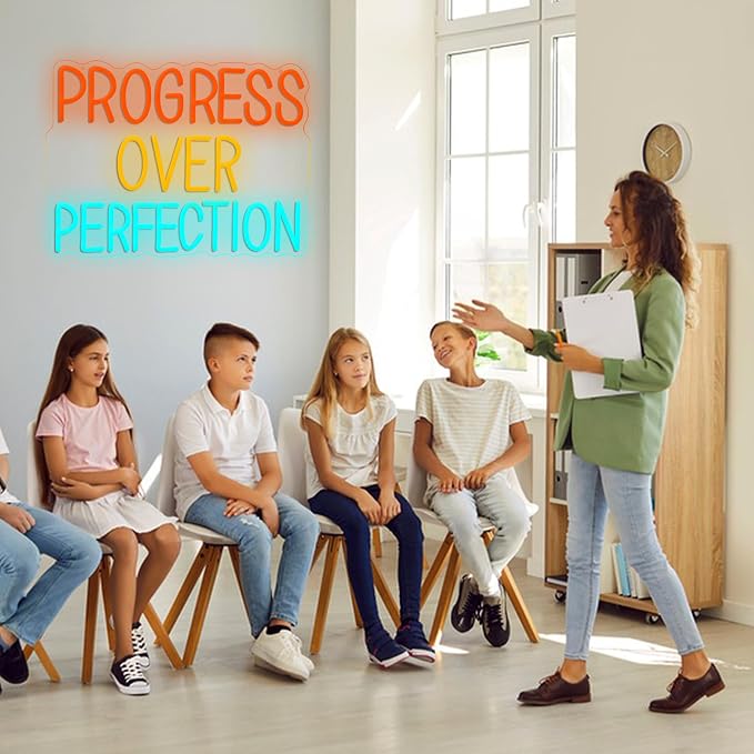 LISIGNVE Progress Over Perfection Neon Sign for Wall Decor Dimmable USB Power Classroom LED Neon Light Positive Affirmation Light Up Sign for Home Office Gym Bedroom(12.2 * 16.5 In)