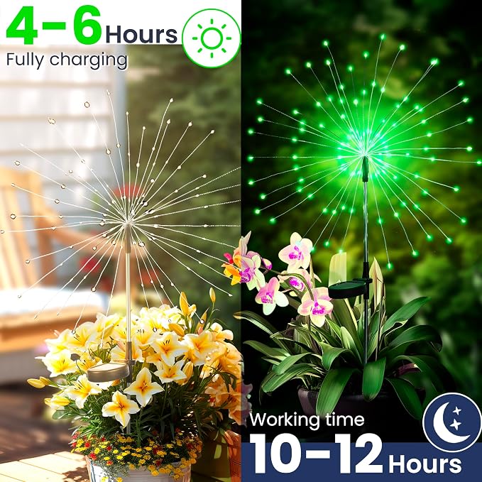 GIGALUMI 4 Pack Solar Firework Lights Outdoor, Halloween Decor, Green | 120 LEDs, Fairy Design, Waterproof, Garden Decor, Solar Powered for Yard, Pathway, Flowerbed, Planter, Balcony, Gifts for Mom