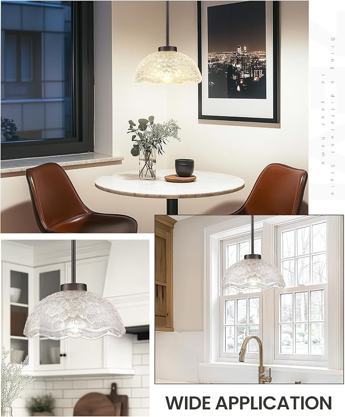 zeyu 2 Pack Pendant Lights, Kitchen Pendant Lighting Island, 10.4'' Glass Pendant Light Fixture with Clear Hammered Glass, Oil Rubbed Bronze Finish, ZJX116M1L-2PK ORB