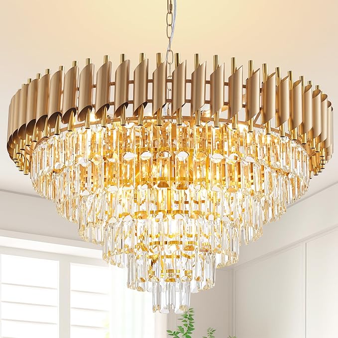 Large Crystal Chandelier 30" Modern Hanging Crystal Pendant, 6 Tiers K9 Crystal Ceiling 16 Lights Fixtures, Round Pendant Lighting Large Chandelier for Entryway Dining Room Staircase