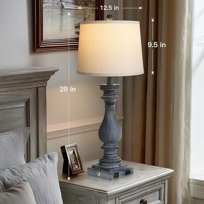29" Tall Farmhouse Table Lamp for Living Room Set of 2,Vintage Retro Nightstand Lamps with USB C+A Ports & AC Outlet,3-Way Dimmable Touch Bedside Lamp for Bedroom Side Table,Distressed Black