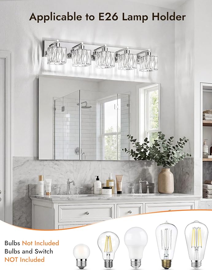VOLISUN Chrome Bathroom Light Fixtures, Modern Stainless Steel Bathroom Lighting Fixtures Over Mirror, 5 Light Bathrooms Vanity Light, Crystal Vanity Light for Bathrooms-UL Certificated(Exclude Bulb)