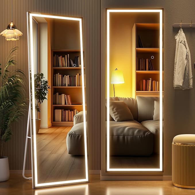 Full Length Mirror with Lights, 56" x 18" LED Lighted Floor Standing Body Mirror, Dimmable & 3 Color Lighting for Bedroom, Cloakroom, Dressing Room, Tempered Glass, Square White
