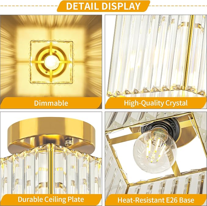 Modern Brushed Gold Hallway Entryway Light Fixtures Crystal Ceiling Lamp | 2-Pack, 7.24 Inch, E26 Dimmable, Bathroom Bedroom Semi Flush Mount Ceiling Light, Kitchen Dining Room Foyer Light Fixtures