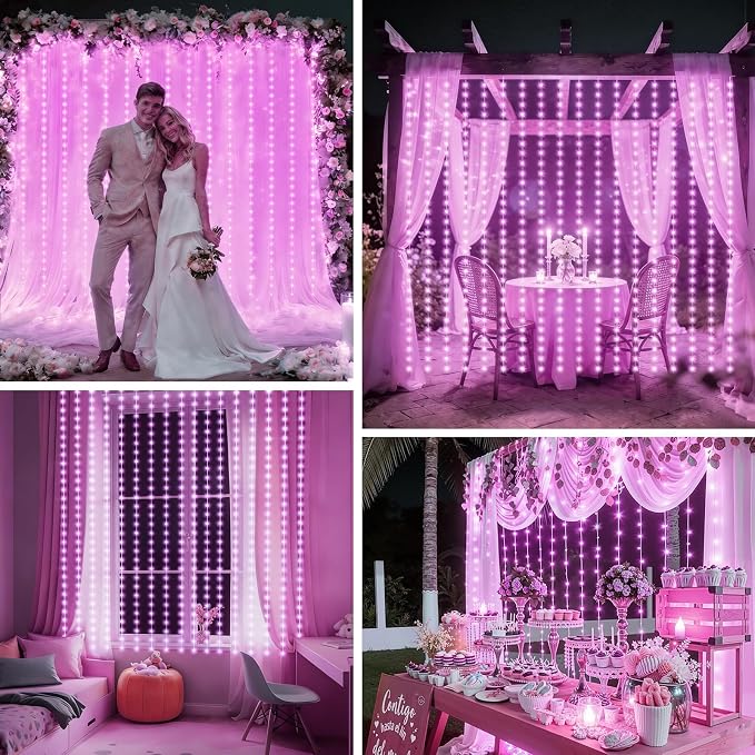 echosari Curtain Lights Battery Operated 9.8 x 9.8Ft with Timer Pink | 300 LED Fairy Lights with Hooks for Bedroom Wedding Backdrop Indoor Decor