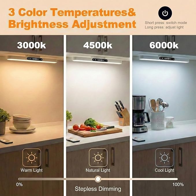 4000mAh 6W Rechargeable Under Cabinet Lighting with Remote, Wireless Magnetic Light Bar, 3-Color Dimmable No-Drill Battery Operated Lamp for RV Camper, Bunk Bed, Kitchen, Closet & Desk