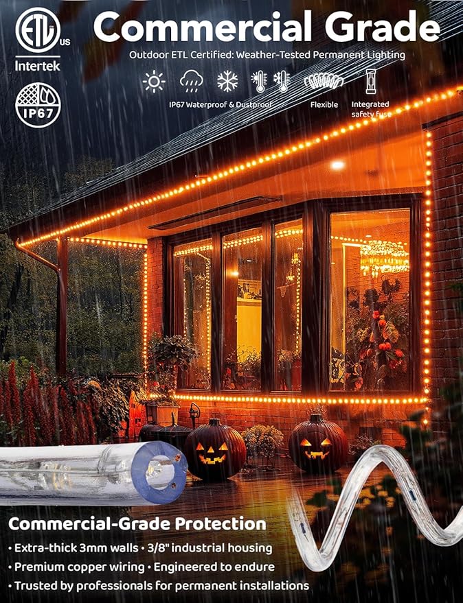 WYZworks 1116LEDs, 100ft LED Outside Rope Lights, Waterproof Permanent Outdoor ETL Certified Connectable Clear Tube, Christmas Palm Tree Holiday Decorative Landscape Patio Accent Lighting - Orange