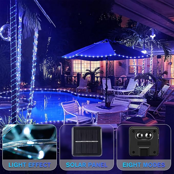 ANJAYLIA 33FT 100 LED Solar Rope Lights Outdoor Waterproof, Solar Powered Rope String Lights with 8 Modes for Outdoor, Patio, Garden, Camping, Holiday & Christmas Décor Blue