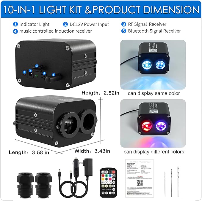20W Dual Color Dual Head Fiber Optic Light Box for Starlight Headliner, Twinkle Effect & Music Mode, Bluetooth App/RF Remote Control, Car Plug & Power Adapter, PG Connector & 3 Drill Bits