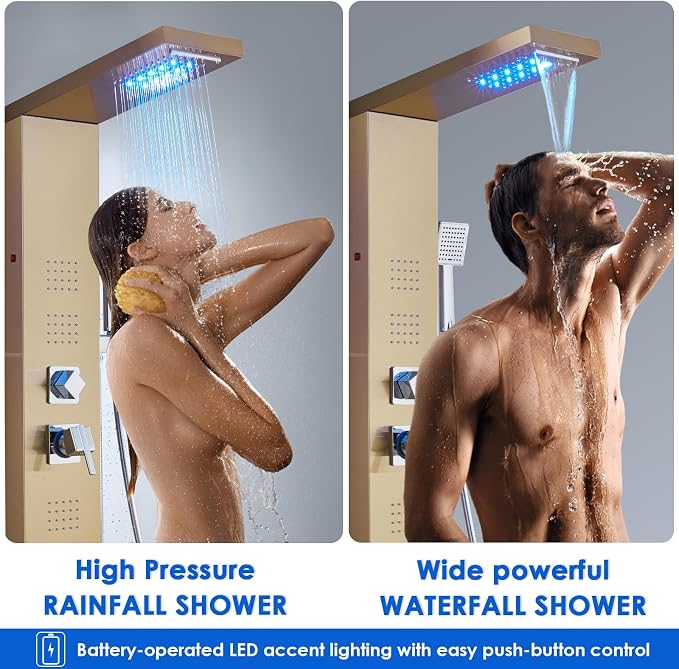 ROVOGO Gold Shower Panel Tower System W/Led Lights & 5 Shower Modes, 46.5" | Rainfall Waterfall Shower Head, 4 Body Massage Jets, Handheld and Tub Spout, Stainless Steel Shower Column with Brass Valves