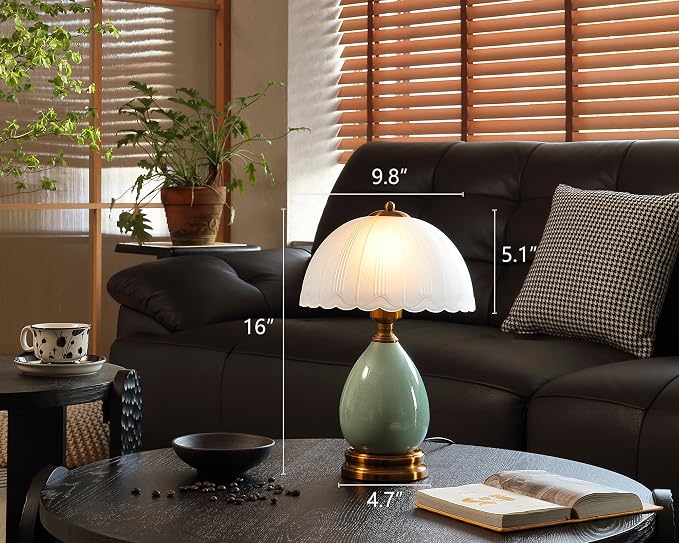 Glivpny Vintage Lamp for Living Room,16" Modern Ceramic Table Lamps for Bedroom,Retro Bedside Nightstand Traditional Lamps, Classic Chinoiserie Green Lamp for Home Decor (LD001) | Mid Century Modern Ceramic Lamps for Living Room,Retro Bedside Glass Lam...