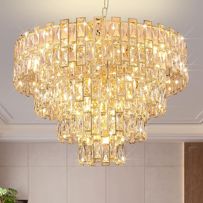 32" Luxury Crystal Chandelier for Dining Room, Modern Ceiling Light, French Empire Style with Premium K9 Crystals, Elegant Chrome Finish, Perfect for Living Room or Bedroom, 21-Light Fixtur (Gold)