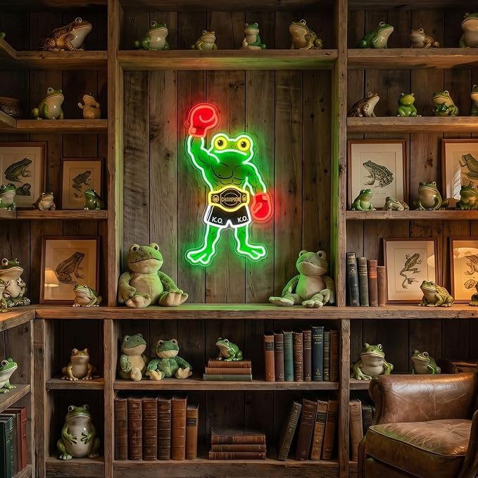 HAJAE Frog Neon Sign, Dimmable Boxing Frog Champion LED Light Wall Decor - Funny Muscular Frog Gifts for Men Boys Kids, Wrestling Birthday Party Decorations, Gym Man Cave Room Neon Light