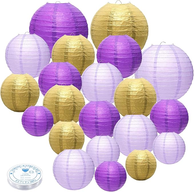 21 Pcs Purple Paper Lanterns Party Decorations, 4/6/8/10 Inch Round Chinese Hanging Paper Lanterns for Bachelorette Engagement, Wedding, Birthday, Graduation, Classroom Decorations