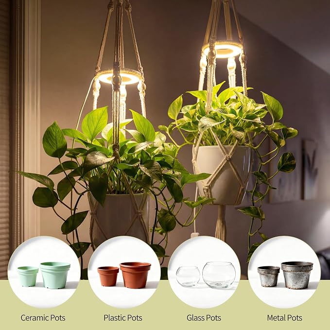 2 Pack Hanging Plant Grow Lights for Indoor Plants with Timer, Wall Mounted Full Spectrum Pendant Growing Light with Macrame Plant Hanger, Ceiling LED Planta Luz for Potted Plants Home Decor
